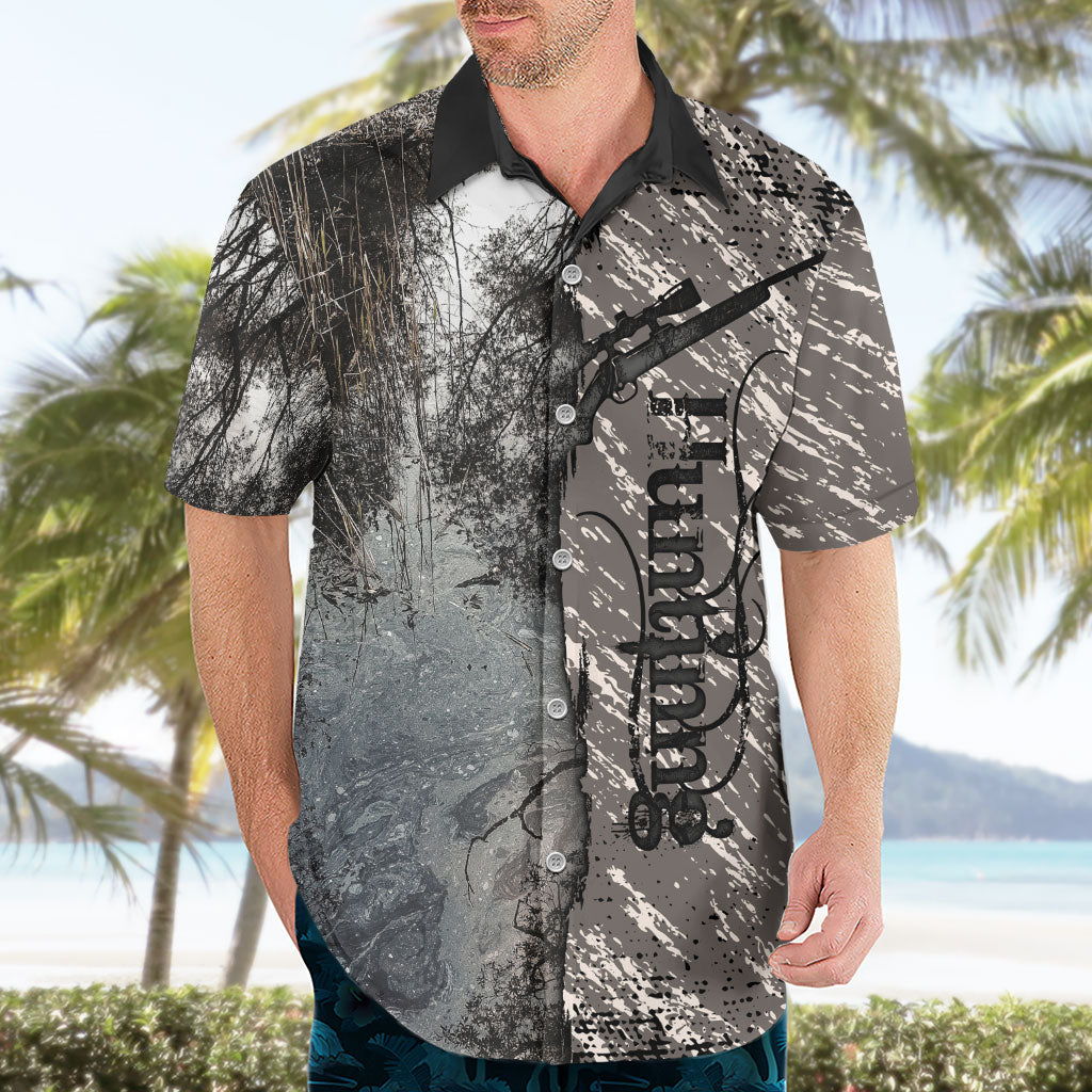 Hunting Rifle Hawaiian Shirt Grunge Wilderness Marsh Scene with Rustic Outdoor