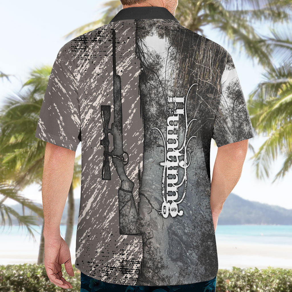 Hunting Rifle Hawaiian Shirt Grunge Wilderness Marsh Scene with Rustic Outdoor