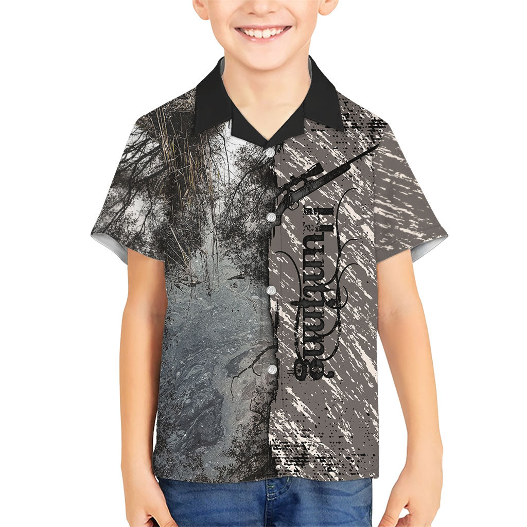Hunting Rifle Hawaiian Shirt Grunge Wilderness Marsh Scene with Rustic Outdoor