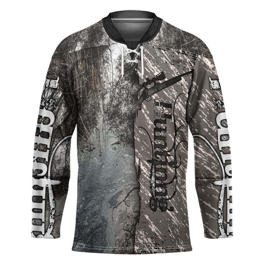 Hunting Rifle Hockey Jersey Grunge Wilderness Marsh Scene with Rustic Outdoor