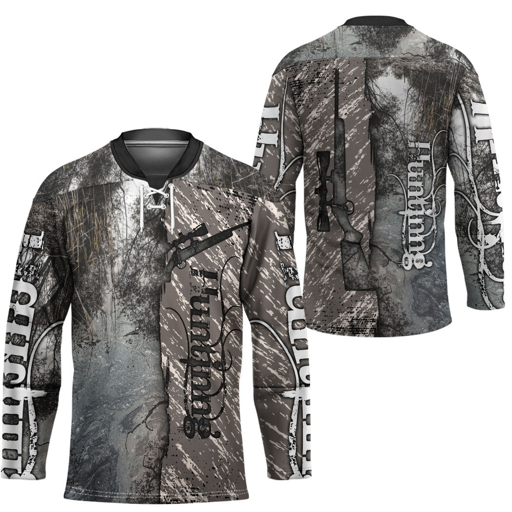Hunting Rifle Hockey Jersey Grunge Wilderness Marsh Scene with Rustic Outdoor