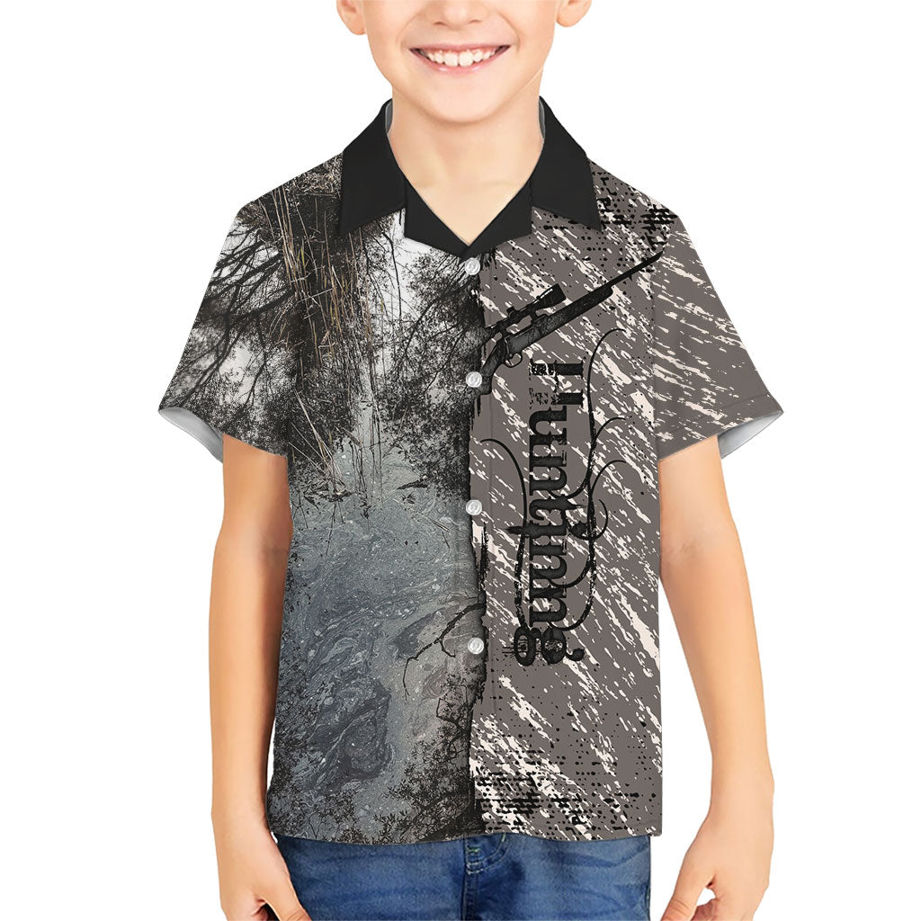 Hunting Rifle Kid Hawaiian Shirt Grunge Wilderness Marsh Scene with Rustic Outdoor