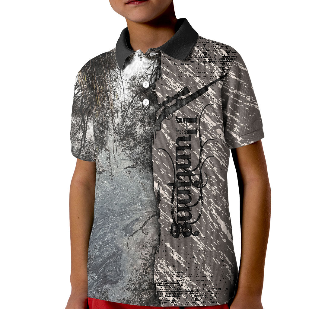 Hunting Rifle Kid Polo Shirt Grunge Wilderness Marsh Scene with Rustic Outdoor