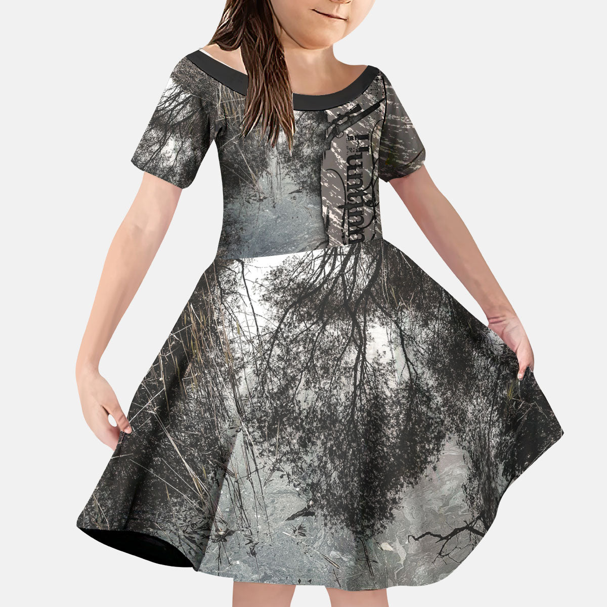 Hunting Rifle Kid Short Sleeve Dress Grunge Wilderness Marsh Scene with Rustic Outdoor
