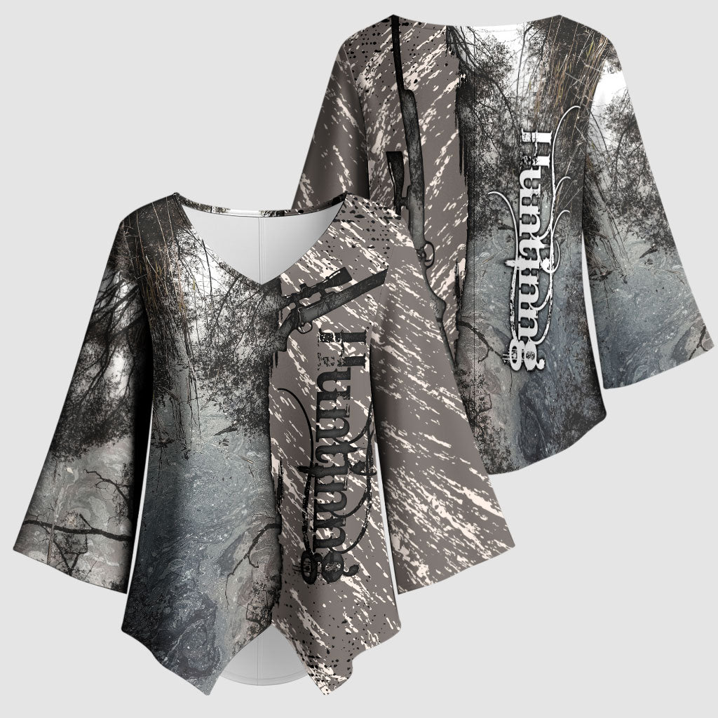 Hunting Rifle Kimono Sleeve Blouse Grunge Wilderness Marsh Scene with Rustic Outdoor