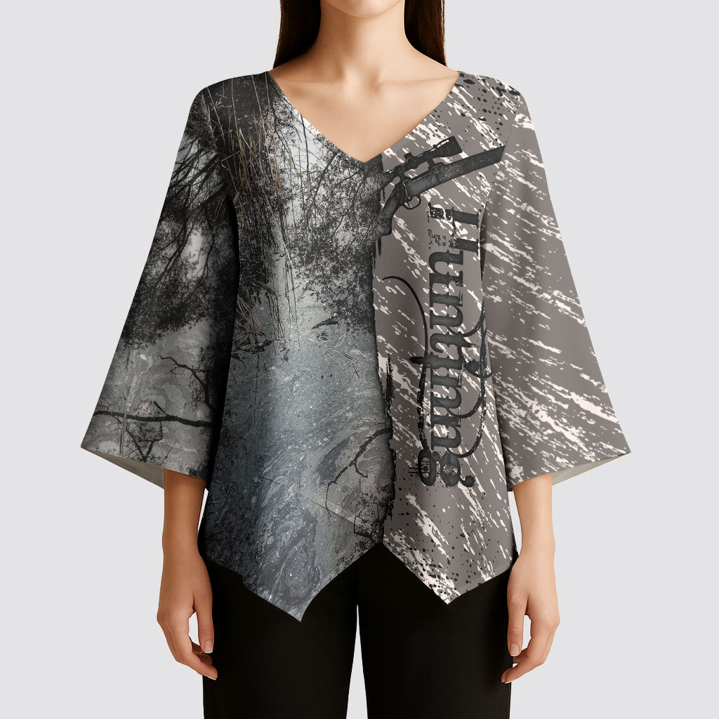 Hunting Rifle Kimono Sleeve Blouse Grunge Wilderness Marsh Scene with Rustic Outdoor
