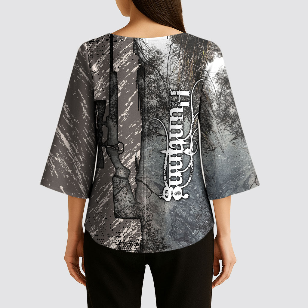 Hunting Rifle Kimono Sleeve Blouse Grunge Wilderness Marsh Scene with Rustic Outdoor