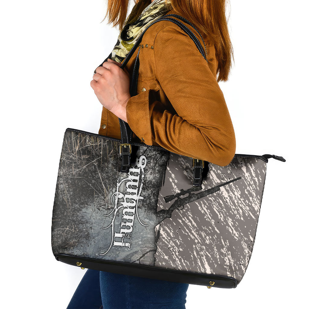 Hunting Rifle Leather Tote Bag Grunge Wilderness Marsh Scene with Rustic Outdoor