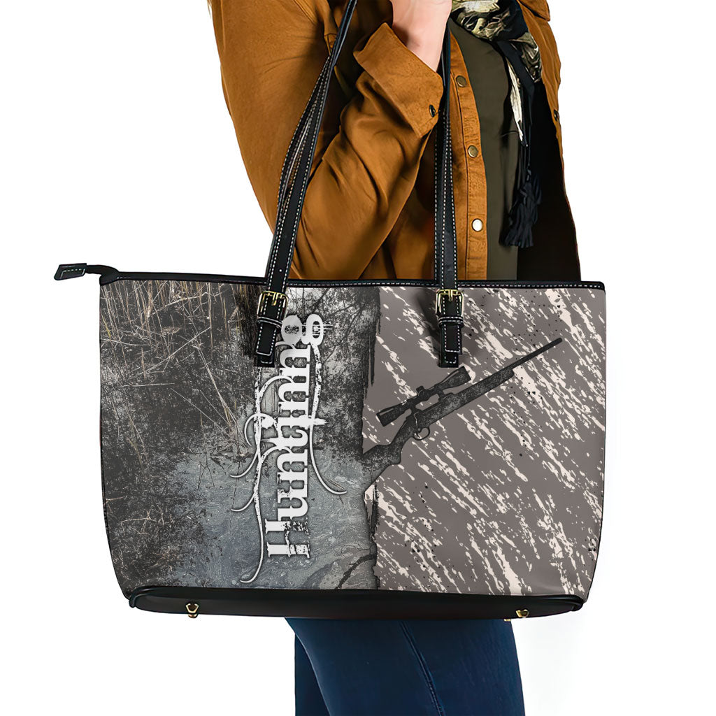 Hunting Rifle Leather Tote Bag Grunge Wilderness Marsh Scene with Rustic Outdoor