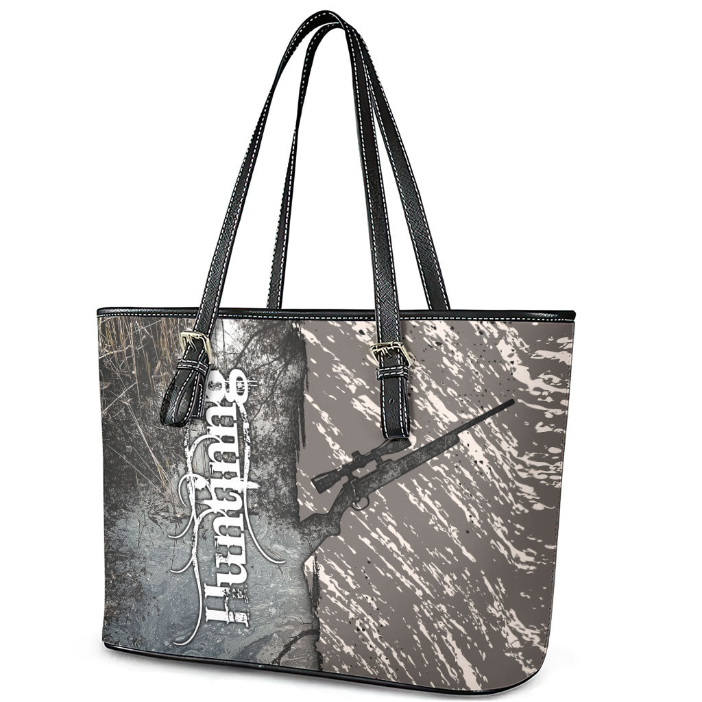 Hunting Rifle Leather Tote Bag Grunge Wilderness Marsh Scene with Rustic Outdoor