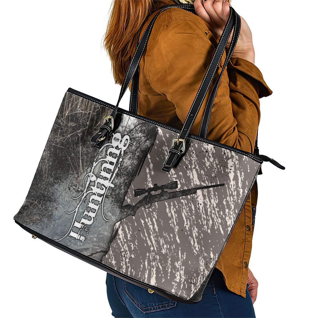 Hunting Rifle Leather Tote Bag Grunge Wilderness Marsh Scene with Rustic Outdoor