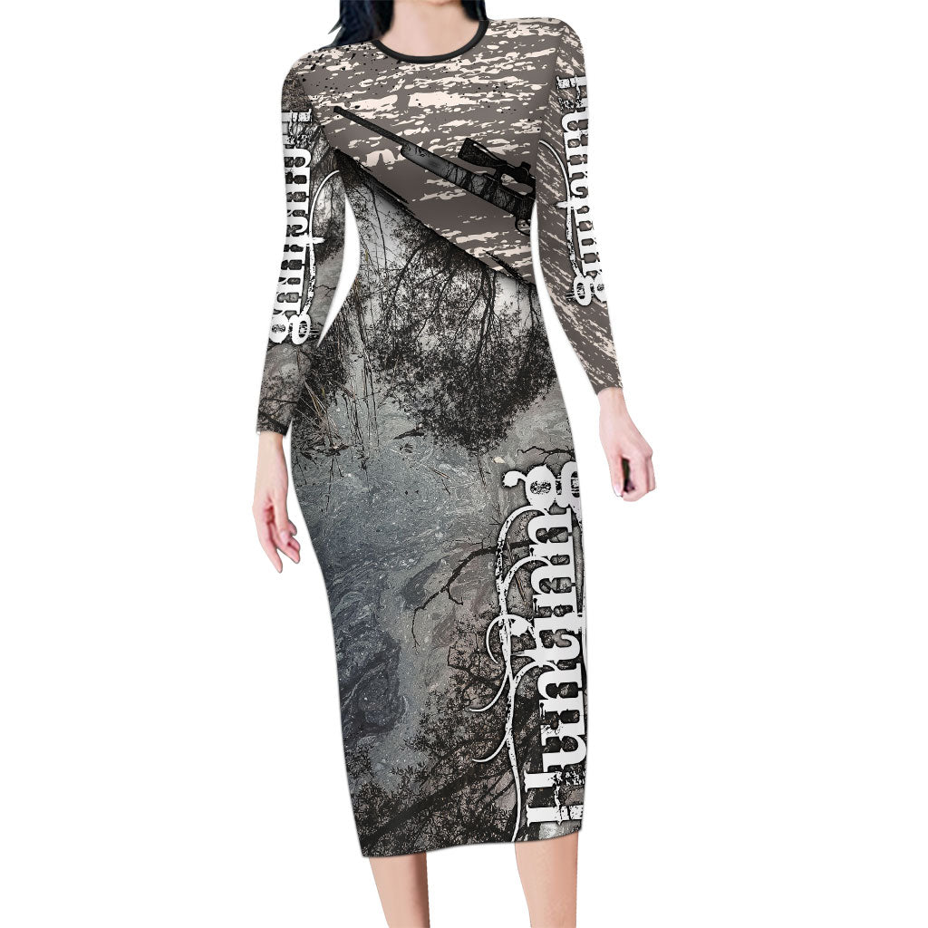 Hunting Rifle Long Sleeve Bodycon Dress Grunge Wilderness Marsh Scene with Rustic Outdoor
