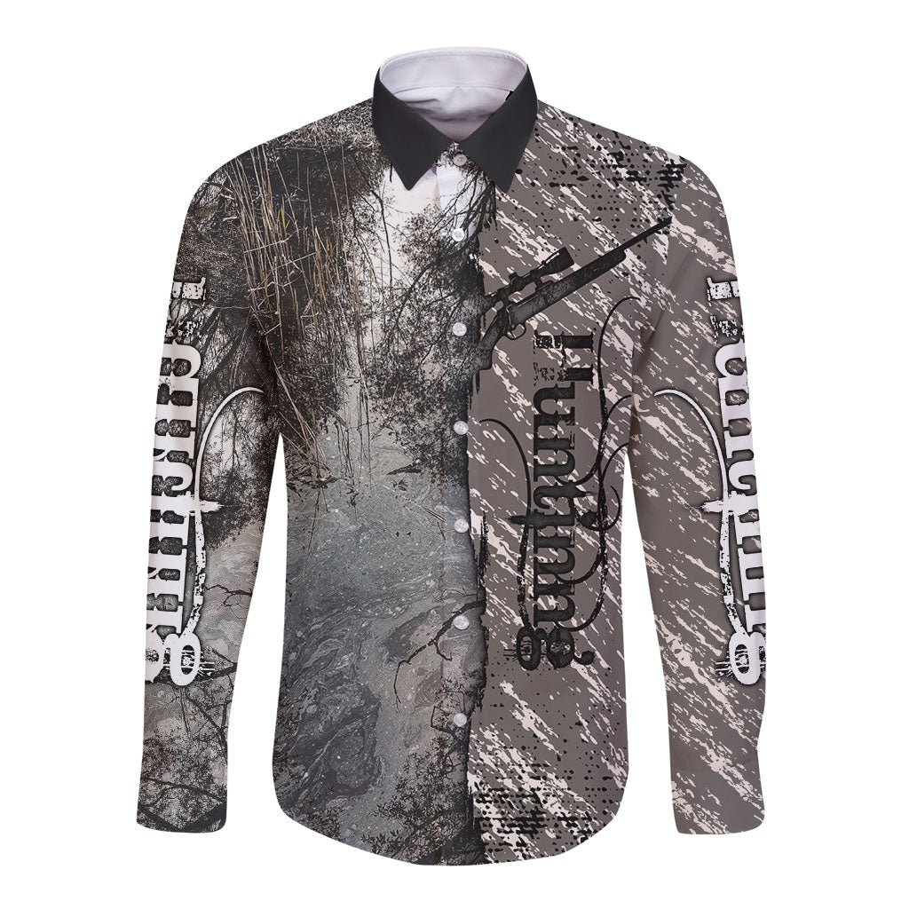 Hunting Rifle Long Sleeve Button Shirt Grunge Wilderness Marsh Scene with Rustic Outdoor