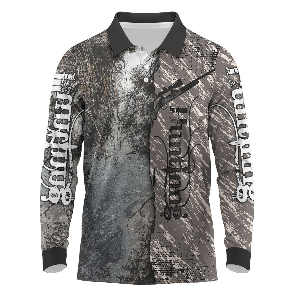 Hunting Rifle Long Sleeve Polo Shirt Grunge Wilderness Marsh Scene with Rustic Outdoor