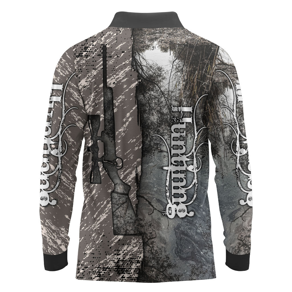 Hunting Rifle Long Sleeve Polo Shirt Grunge Wilderness Marsh Scene with Rustic Outdoor