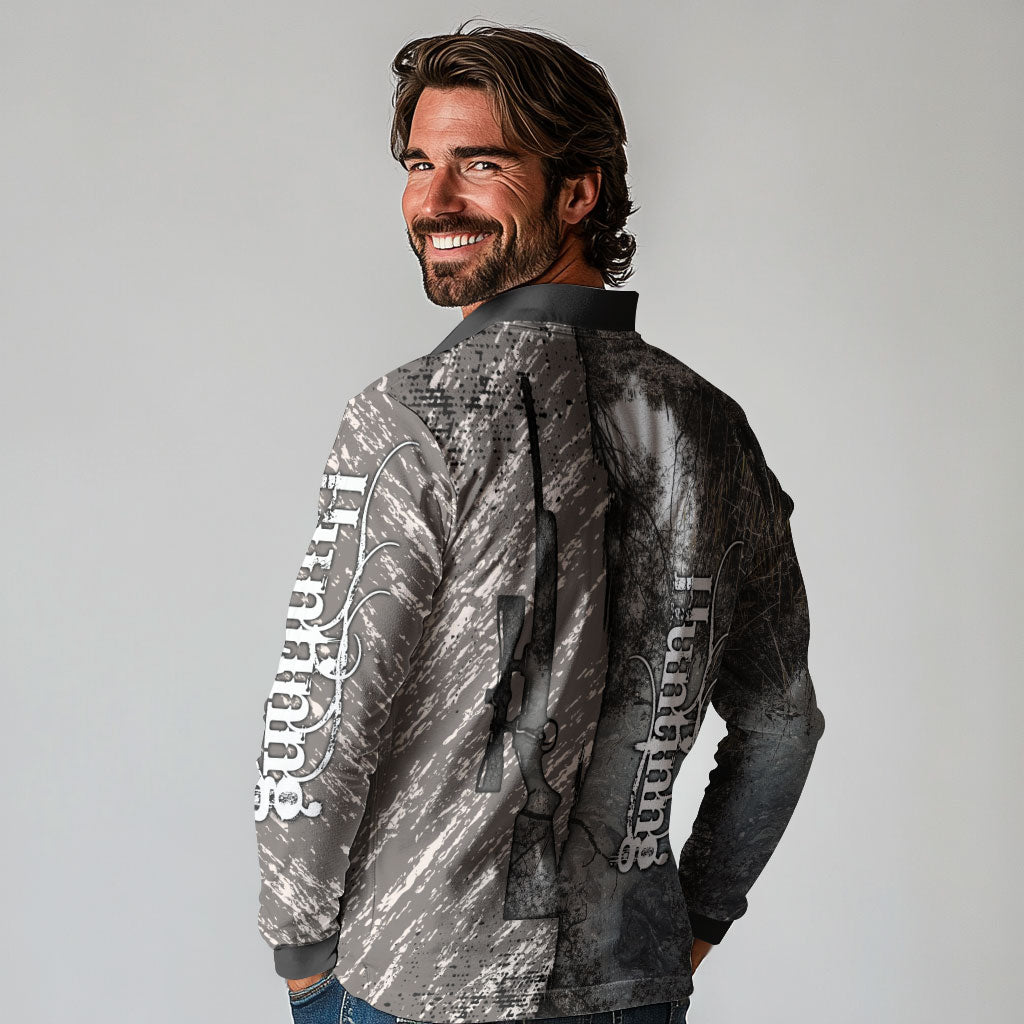 Hunting Rifle Long Sleeve Polo Shirt Grunge Wilderness Marsh Scene with Rustic Outdoor