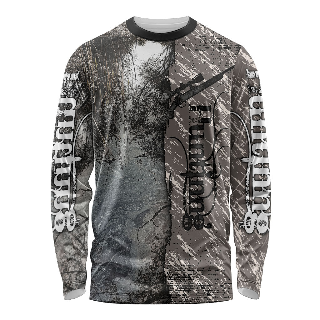 Hunting Rifle Long Sleeve Shirt Grunge Wilderness Marsh Scene with Rustic Outdoor