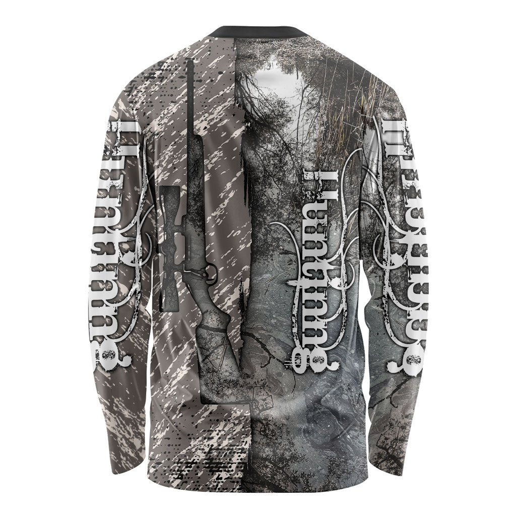 Hunting Rifle Long Sleeve Shirt Grunge Wilderness Marsh Scene with Rustic Outdoor