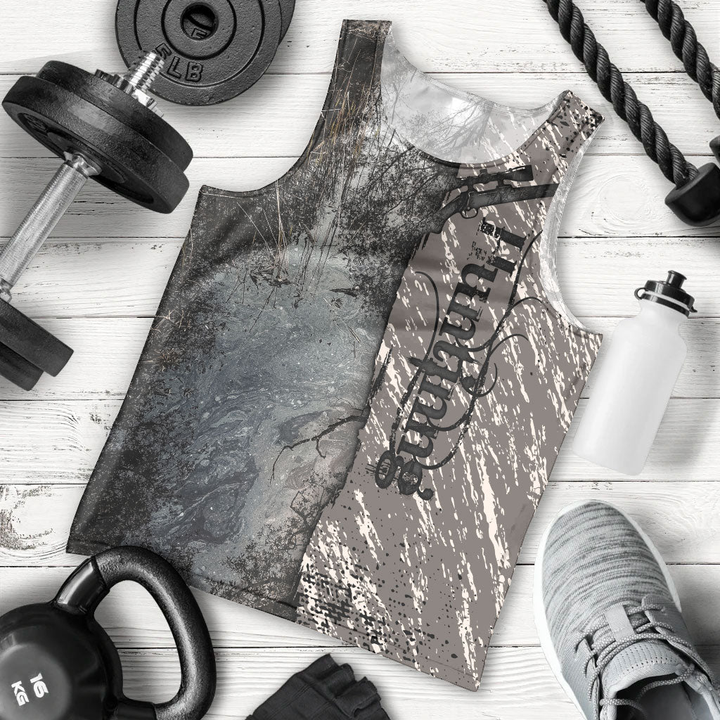 Hunting Rifle Men Tank Top Grunge Wilderness Marsh Scene with Rustic Outdoor