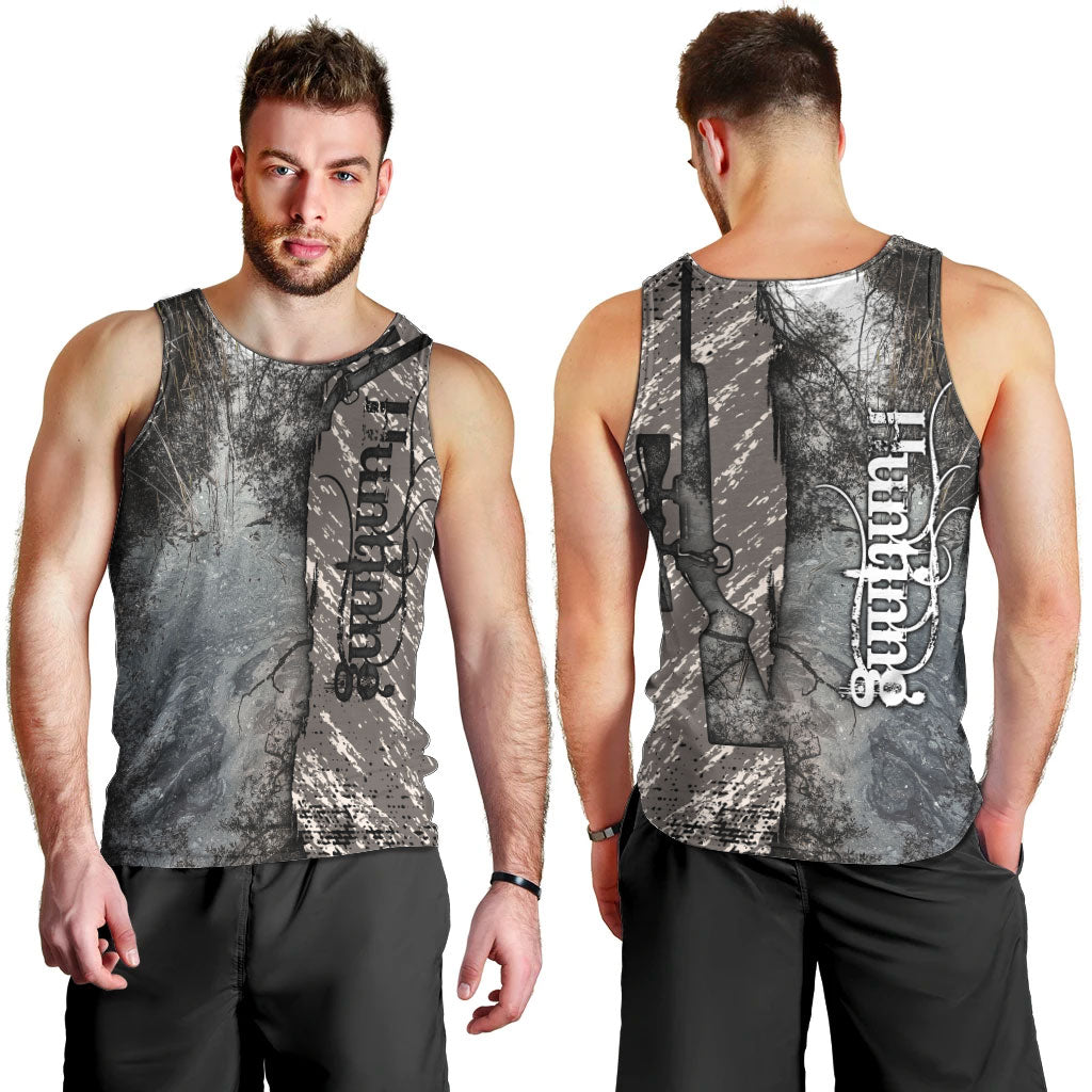 Hunting Rifle Men Tank Top Grunge Wilderness Marsh Scene with Rustic Outdoor