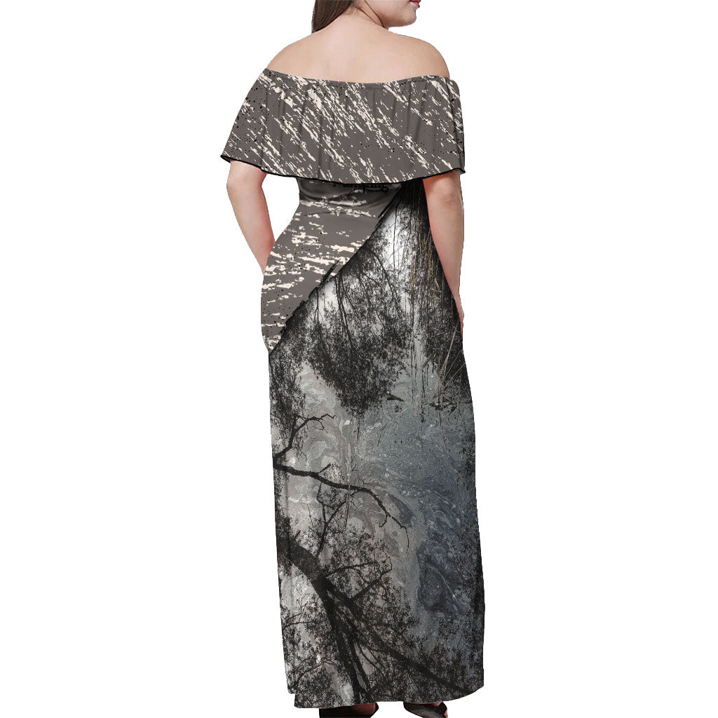Hunting Rifle Off Shoulder Maxi Dress Grunge Wilderness Marsh Scene with Rustic Outdoor