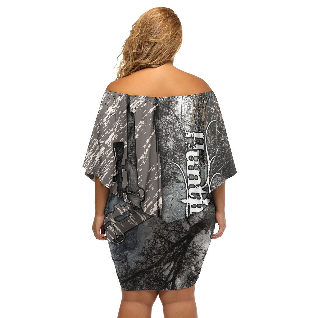 Hunting Rifle Off Shoulder Short Dress Grunge Wilderness Marsh Scene with Rustic Outdoor
