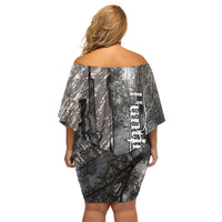 Hunting Rifle Off Shoulder Short Dress Grunge Wilderness Marsh Scene with Rustic Outdoor
