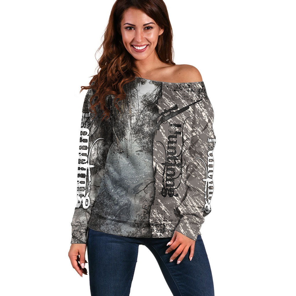 Hunting Rifle Off Shoulder Sweater Grunge Wilderness Marsh Scene with Rustic Outdoor