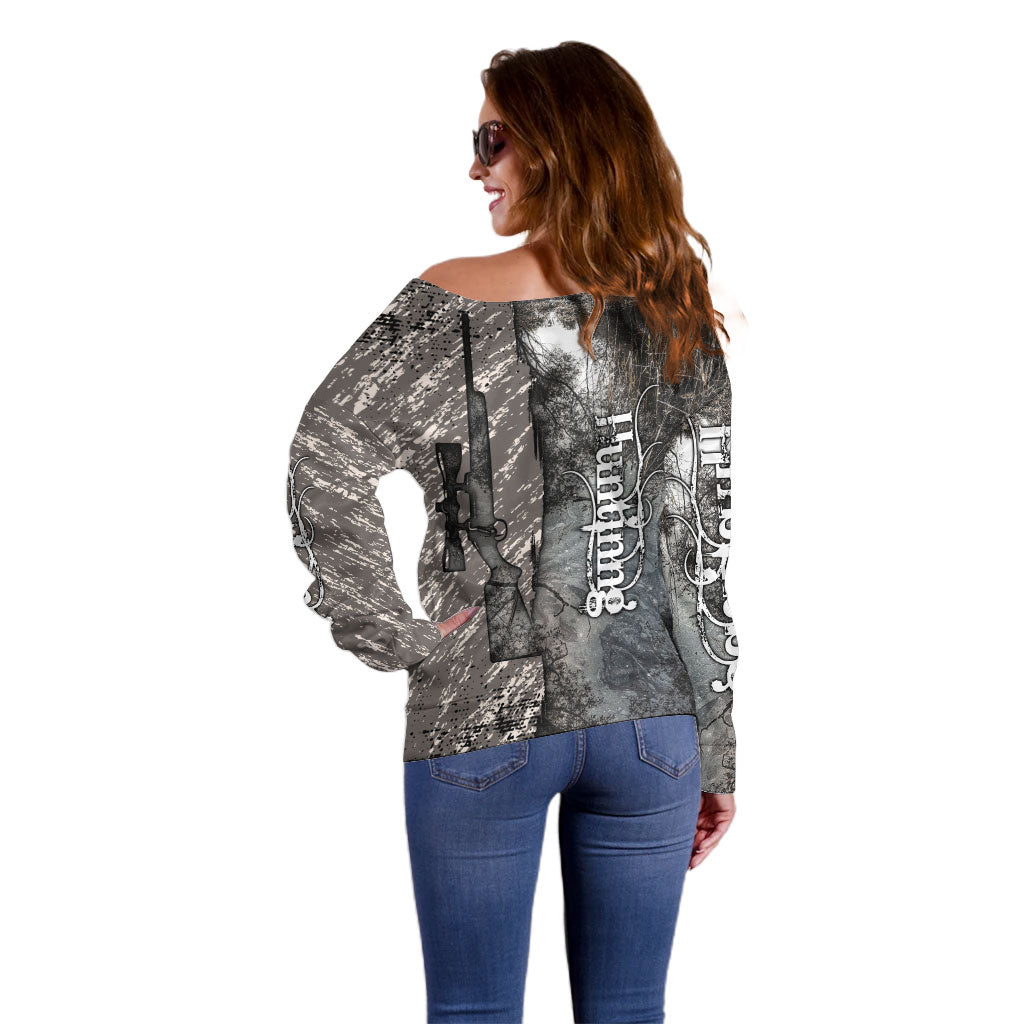 Hunting Rifle Off Shoulder Sweater Grunge Wilderness Marsh Scene with Rustic Outdoor