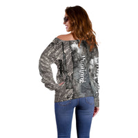 Hunting Rifle Off Shoulder Sweater Grunge Wilderness Marsh Scene with Rustic Outdoor