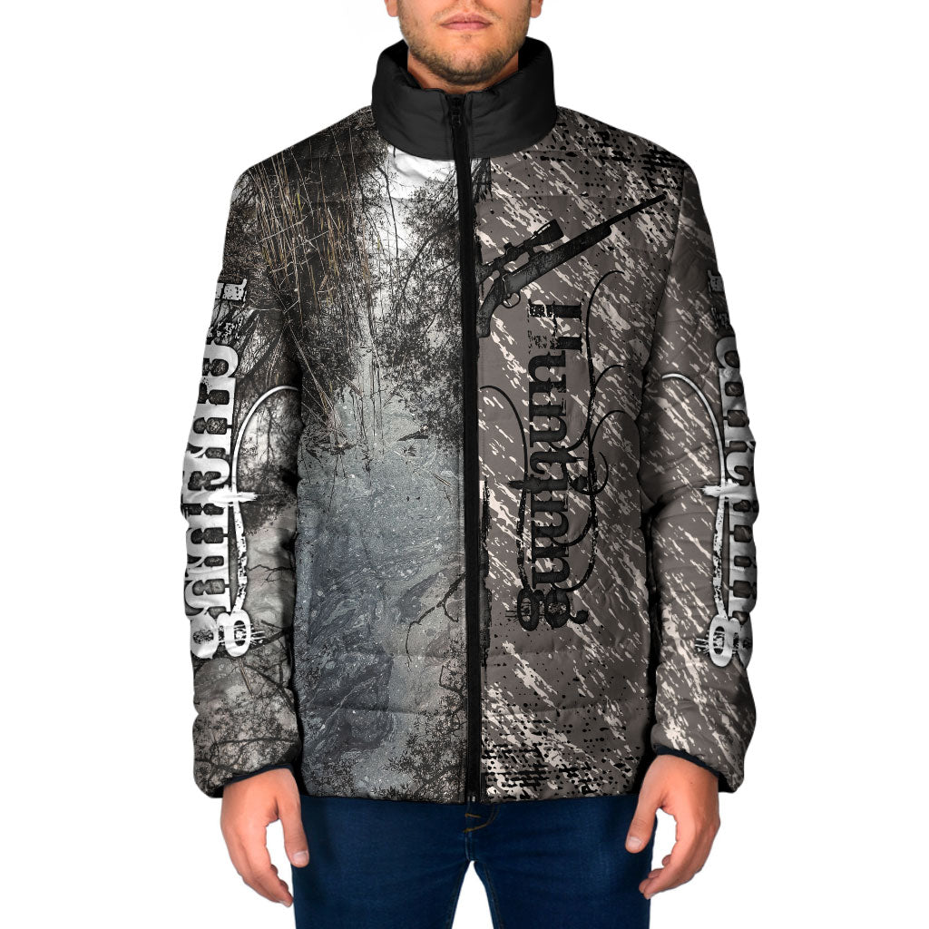 Hunting Rifle Padded Jacket Grunge Wilderness Marsh Scene with Rustic Outdoor