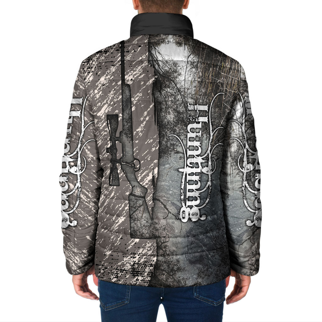 Hunting Rifle Padded Jacket Grunge Wilderness Marsh Scene with Rustic Outdoor