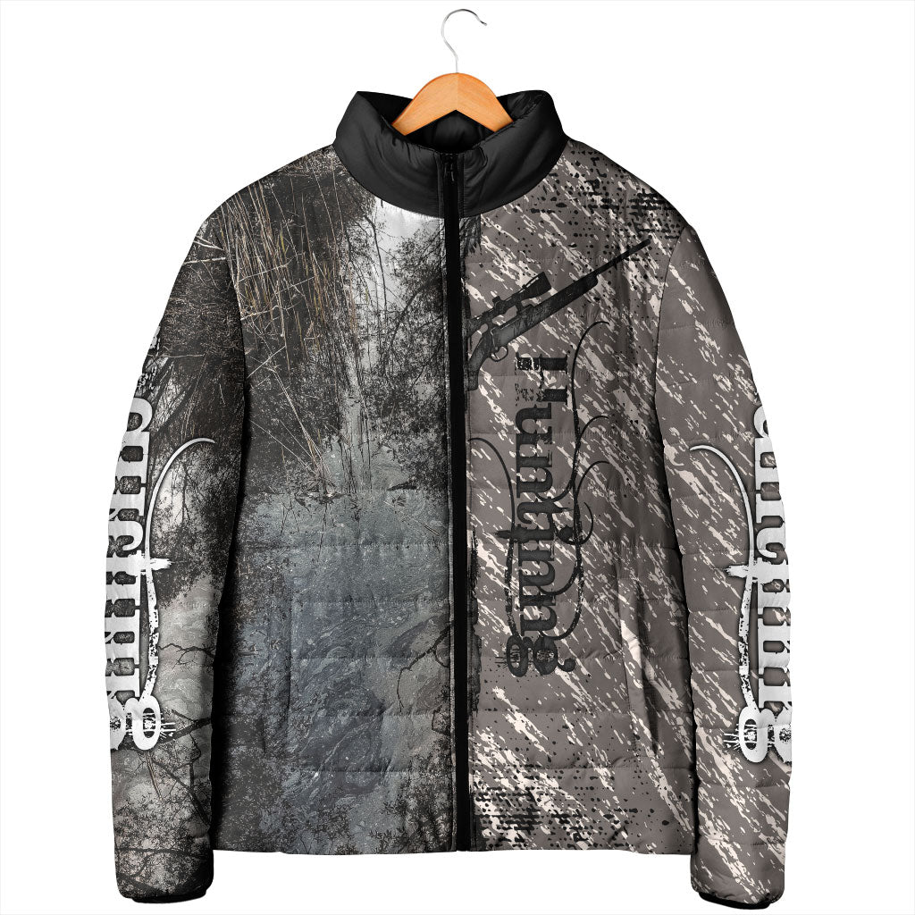 Hunting Rifle Padded Jacket Grunge Wilderness Marsh Scene with Rustic Outdoor
