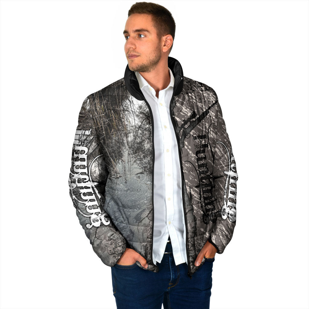 Hunting Rifle Padded Jacket Grunge Wilderness Marsh Scene with Rustic Outdoor