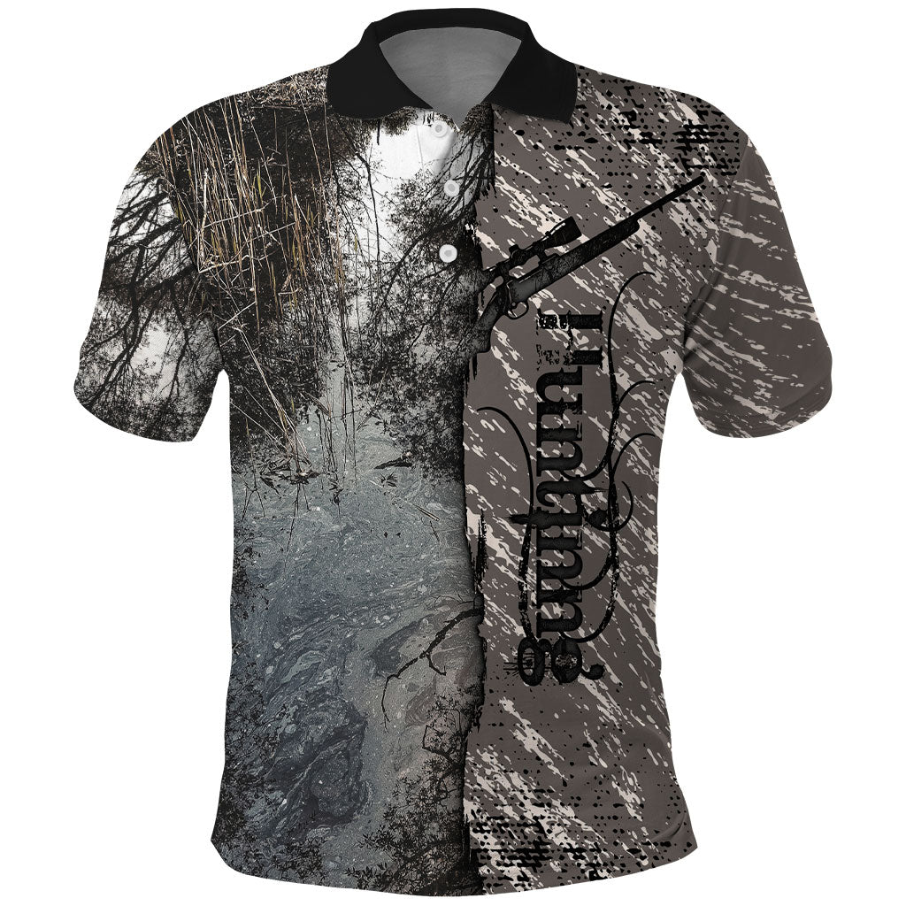 Hunting Rifle Polo Shirt Grunge Wilderness Marsh Scene with Rustic Outdoor