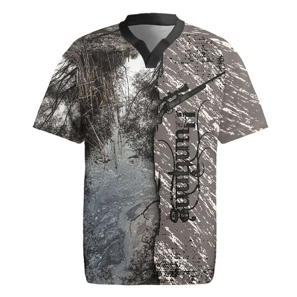 Hunting Rifle Rugby Jersey Grunge Wilderness Marsh Scene with Rustic Outdoor
