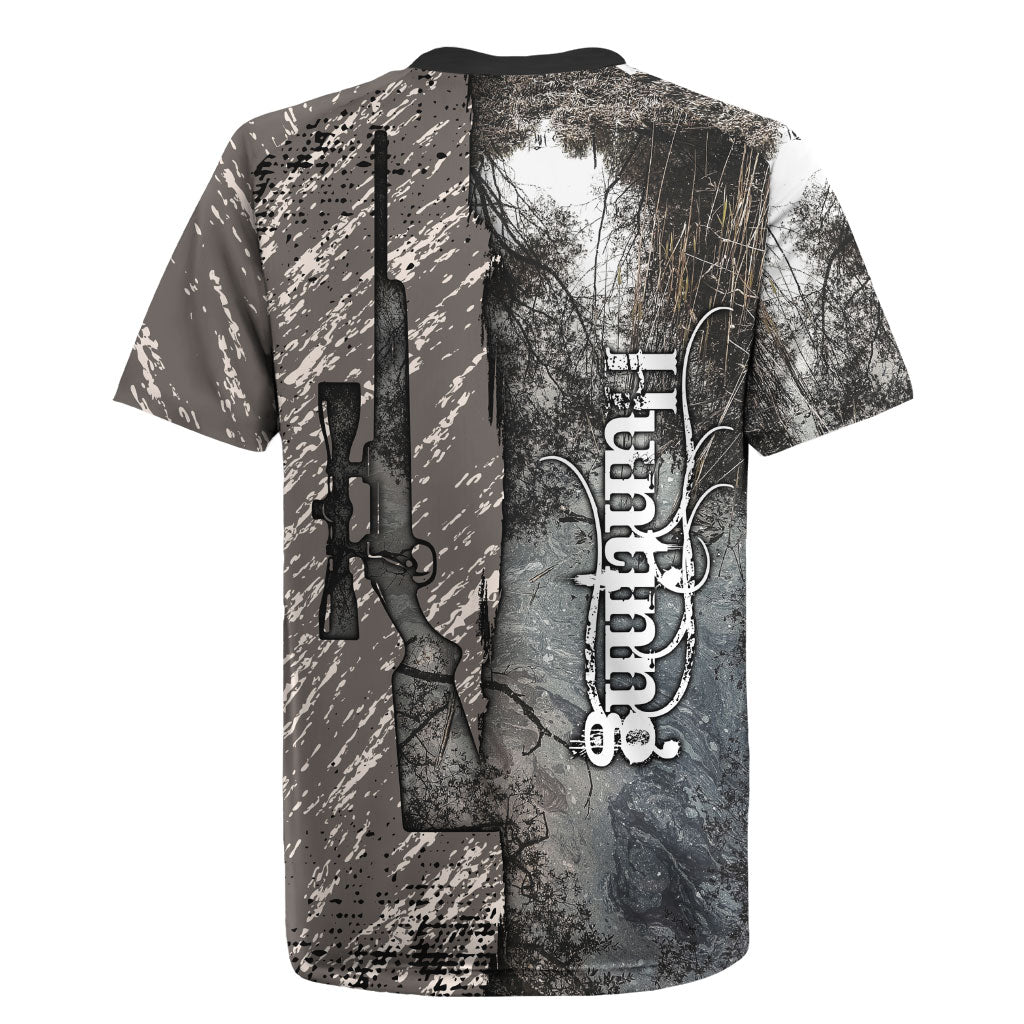 Hunting Rifle Rugby Jersey Grunge Wilderness Marsh Scene with Rustic Outdoor