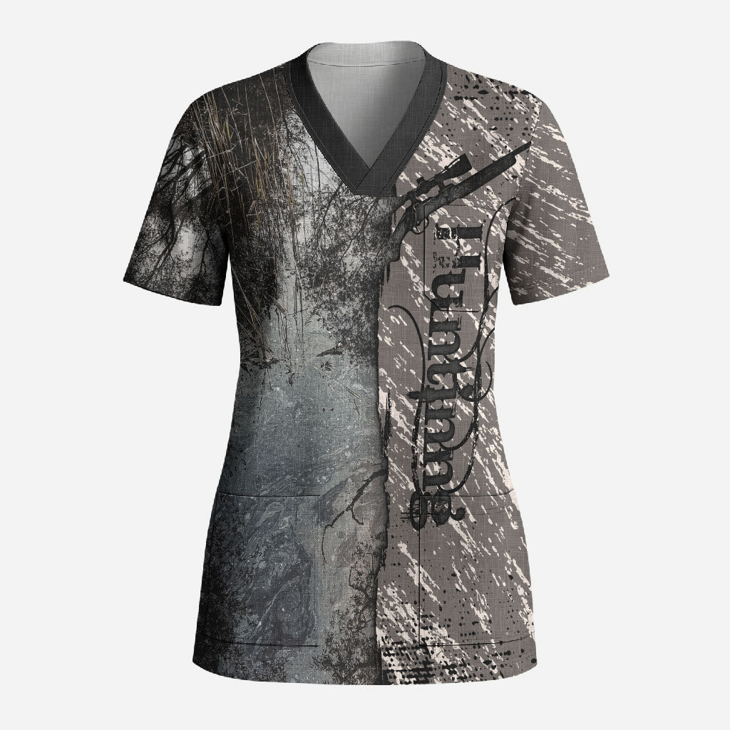 Hunting Rifle Scrub Top Grunge Wilderness Marsh Scene with Rustic Outdoor