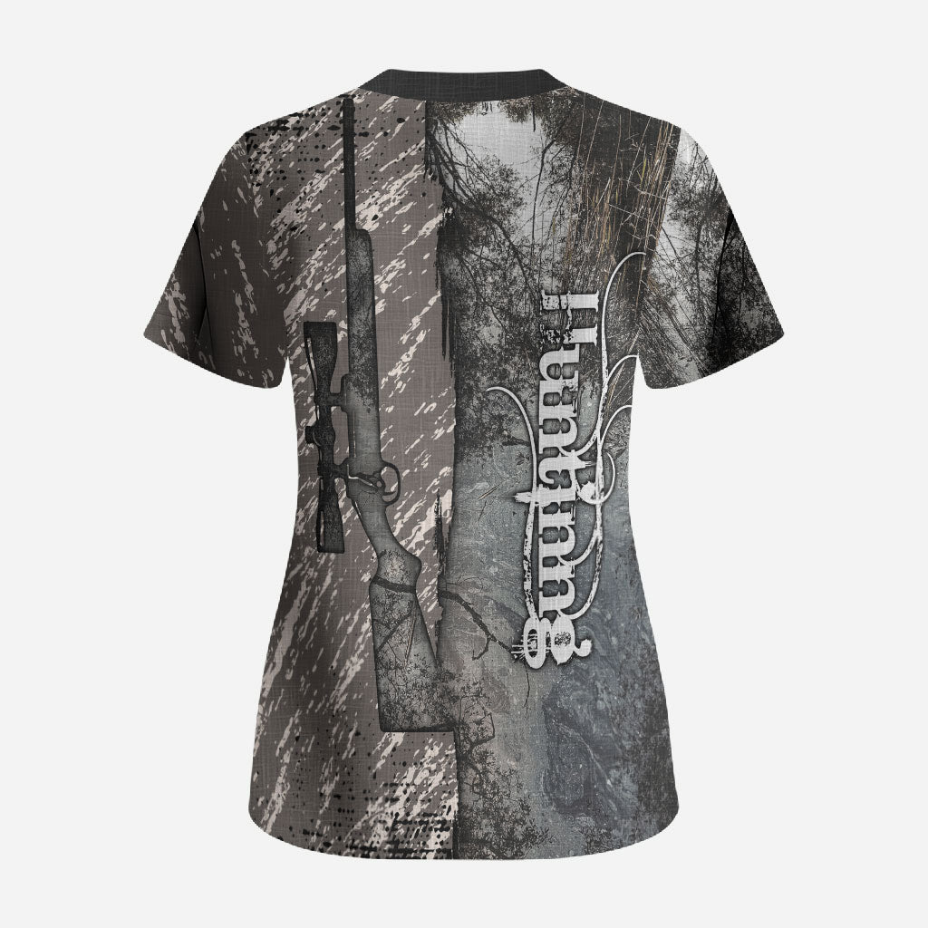 Hunting Rifle Scrub Top Grunge Wilderness Marsh Scene with Rustic Outdoor