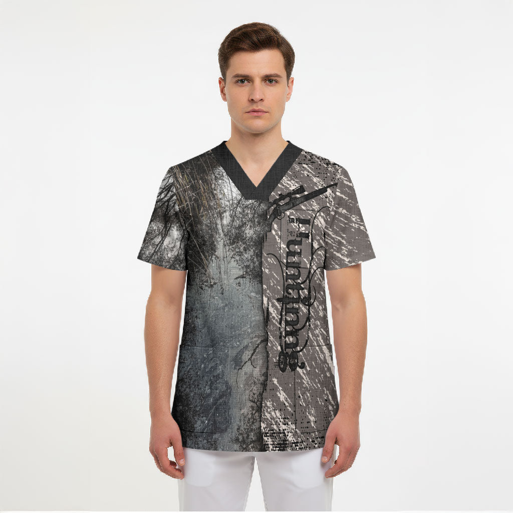 Hunting Rifle Scrub Top Grunge Wilderness Marsh Scene with Rustic Outdoor