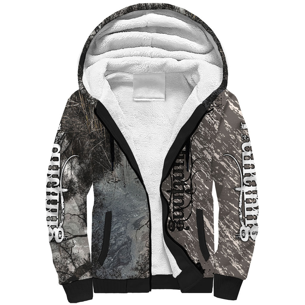 Hunting Rifle Sherpa Hoodie Grunge Wilderness Marsh Scene with Rustic Outdoor
