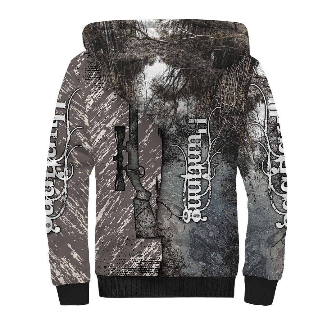 Hunting Rifle Sherpa Hoodie Grunge Wilderness Marsh Scene with Rustic Outdoor