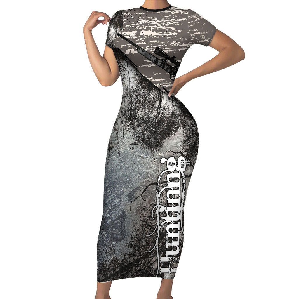Hunting Rifle Short Sleeve Bodycon Dress Grunge Wilderness Marsh Scene with Rustic Outdoor