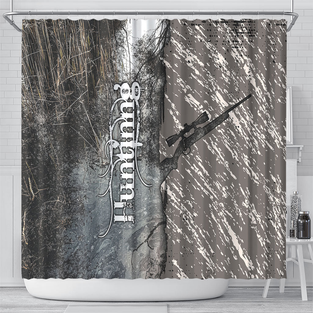 Hunting Rifle Shower Curtain Grunge Wilderness Marsh Scene with Rustic Outdoor