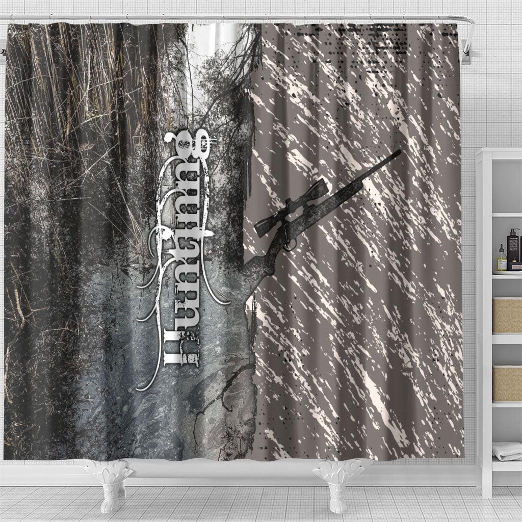 Hunting Rifle Shower Curtain Grunge Wilderness Marsh Scene with Rustic Outdoor