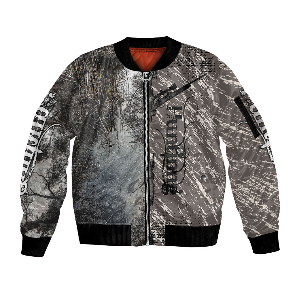 Hunting Rifle Sleeve Zip Bomber Jacket Grunge Wilderness Marsh Scene with Rustic Outdoor