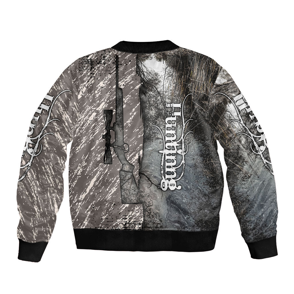 Hunting Rifle Sleeve Zip Bomber Jacket Grunge Wilderness Marsh Scene with Rustic Outdoor
