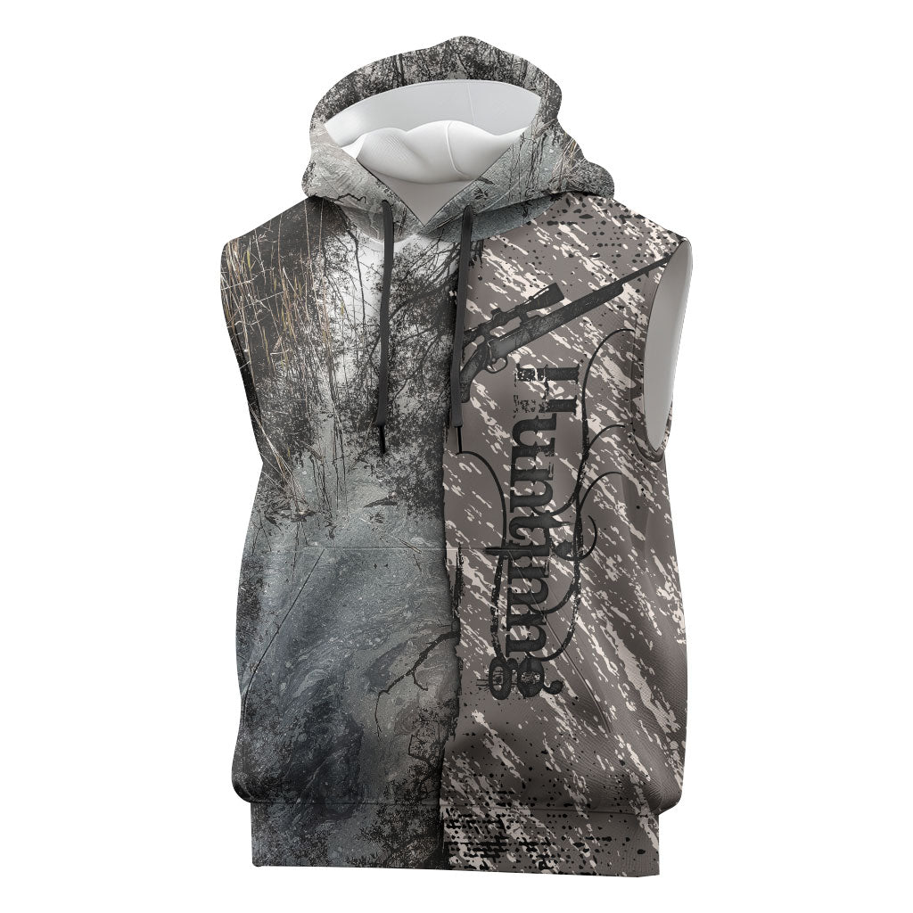 Hunting Rifle Sleeveless Hoodie Grunge Wilderness Marsh Scene with Rustic Outdoor