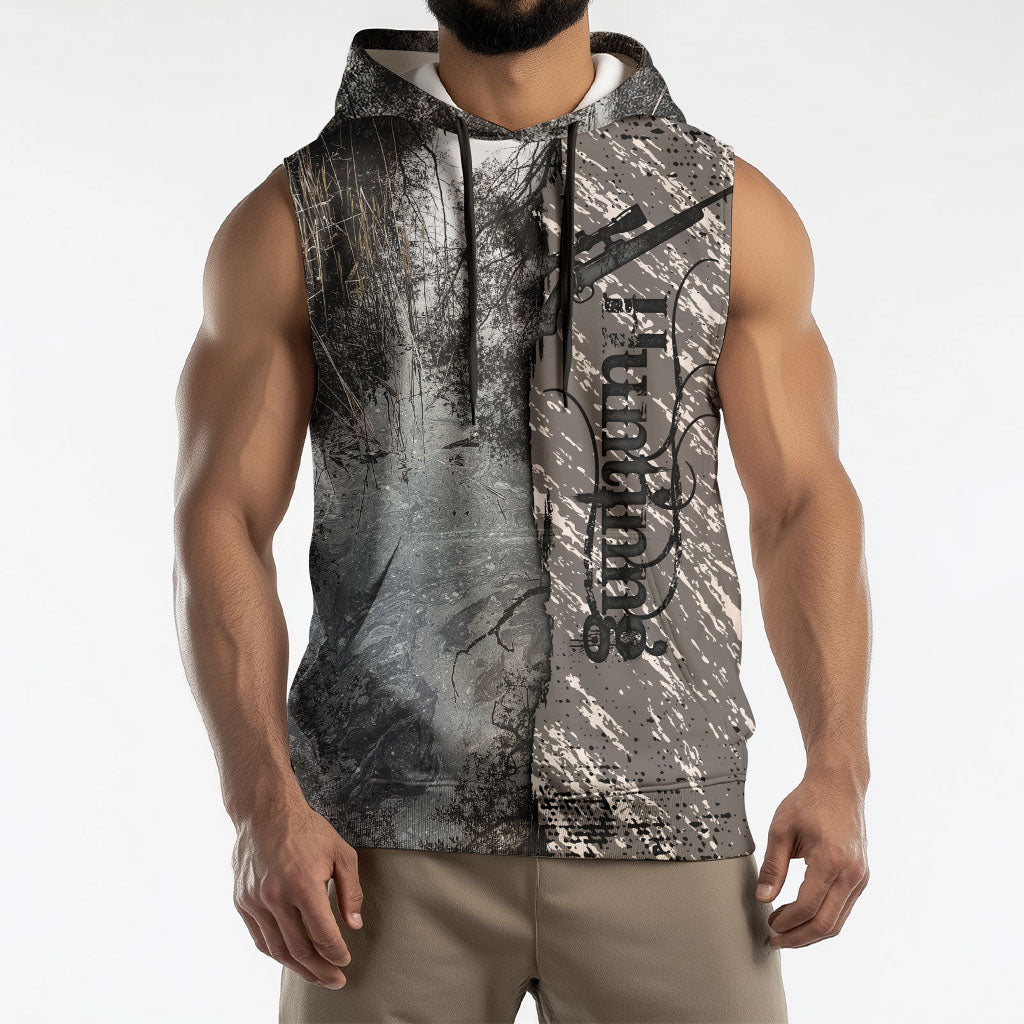 Hunting Rifle Sleeveless Hoodie Grunge Wilderness Marsh Scene with Rustic Outdoor