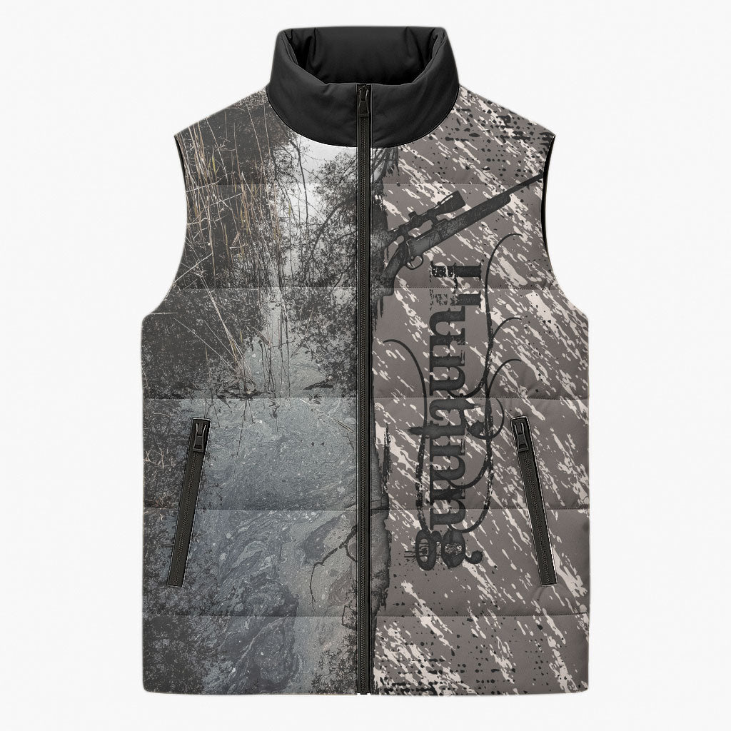 Hunting Rifle Sleeveless Puffer Jacket Grunge Wilderness Marsh Scene with Rustic Outdoor